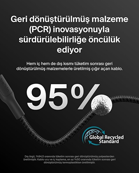 Belkin Boost Charge Örgülü USB-C - USB-C 240W 2M Şarj Kablosu Siyah