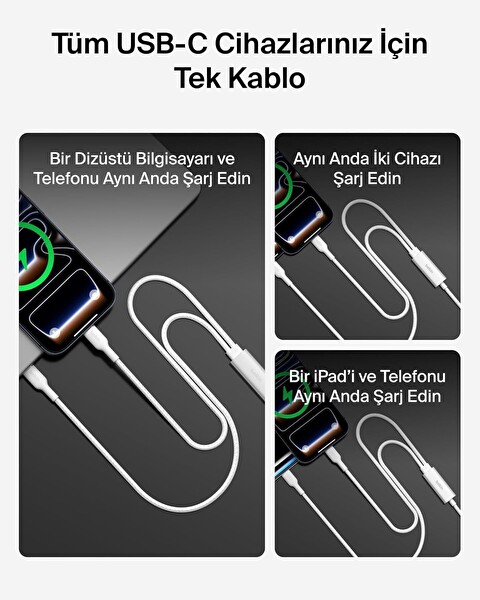 Belkin BoostCharge Pro 2'si 1 Arada 140 W USB-C- USB-C Örgülü Çift Şarj Kablosu 1.5M Beyaz