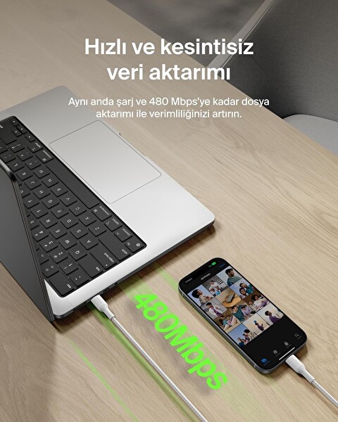 Belkin Eco Örgülü USB-C USB-C 1M 240 W Tip-C USB 2.0 Şarj Kablosu Beyaz