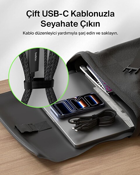 Belkin BoostCharge Pro 2'si 1 Arada 140 W USB-C - USB-C Örgülü Çift Şarj Kablosu 1.5M Siyah