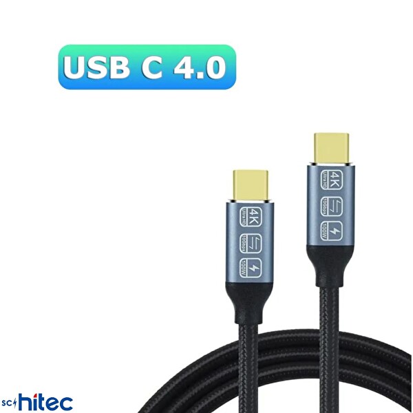 ScHitec 5A 100W 20Gps 4K 60Hz Type-C To Type-C 4.0 Gen2 Örgülü 2M Siyah Hızlı Data ve Şarj Kablosu