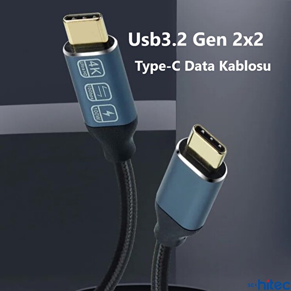 ScHitec 5A 100W 20Gps 4K 60Hz Type-C To Type-C 4.0 Gen2 Örgülü 2M Siyah Hızlı Data ve Şarj Kablosu