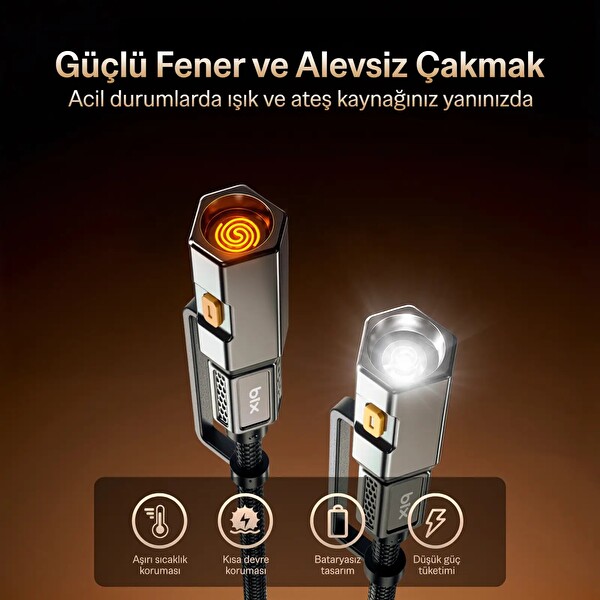 Bix T2IN1C 240W LED Fener ve Alevsiz Çakmak Fonksiyonlu Type-C to Type-C 1.2 M Gri Şarj ve Data Kablosu