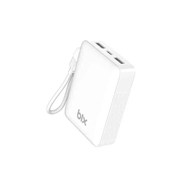 Bix PB116 10000mAh PD20W Hızlı Şarj Dahili Type-C LED Ekranlı Type-C ve USB-A Beyaz Kablolu Mini Powerbank