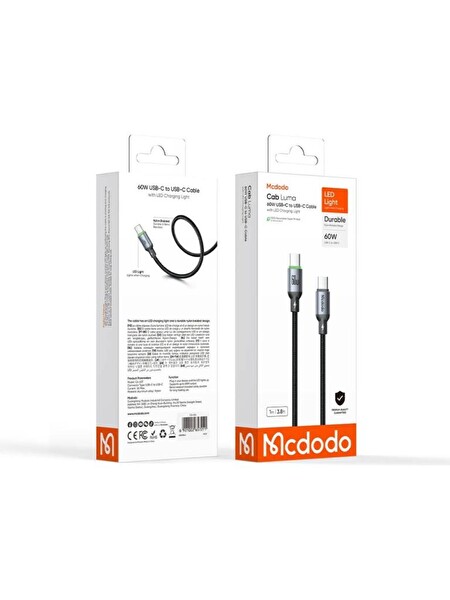 Mcdodo CA-6871 Type-C Type-C 60W PD Hızlı Şarj E-Marker Çipli Easy Serisi Örgü Kablo Siyah 2M