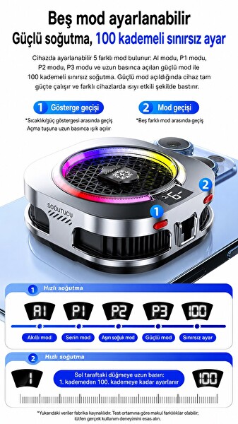 Hadron HDX4385 Manyetik Klipsli RGB Isı Göstergeli iPad Uyumlu Telefon Tablet Soğutucu Fan Gri