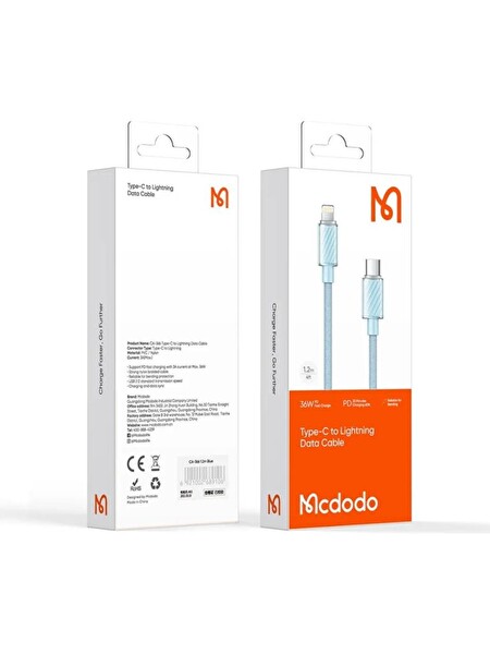 Mcdodo CA-3661 Crystal Serisi Type-C iPhone 36W Pd Veri Aktarım 1.2M Örgü Şarj Kablosu Mavi