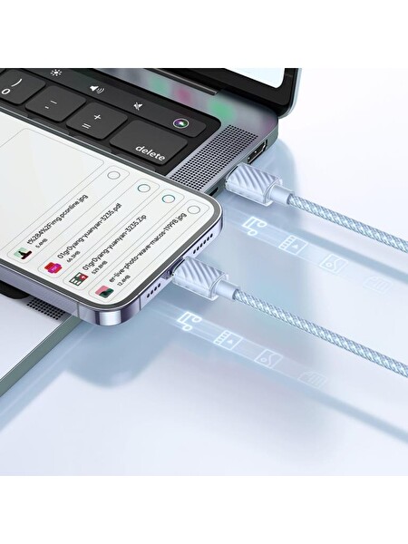 Mcdodo CA-3661 Crystal Serisi Type-C iPhone 36W Pd Veri Aktarım 1.2M Örgü Şarj Kablosu Mavi
