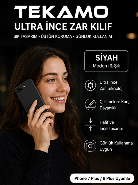 Tekamo iPhone 7 Plus -8 Plus Uyumlu Ultra İnce Zar Telefon Kılıfı Siyah