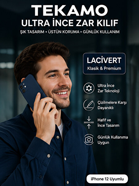 Tekamo iPhone 12 Uyumlu Ultra İnce Zar Telefon Kılıfı Lacivert