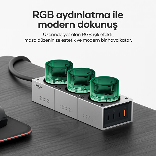 Xenon Smart X6424 7 in 1 3x 4000W AC 140W 3xUSB-C 1 USB-A 100W Kablo Masaüstü Priz Hızlı Şarj İstasyonu