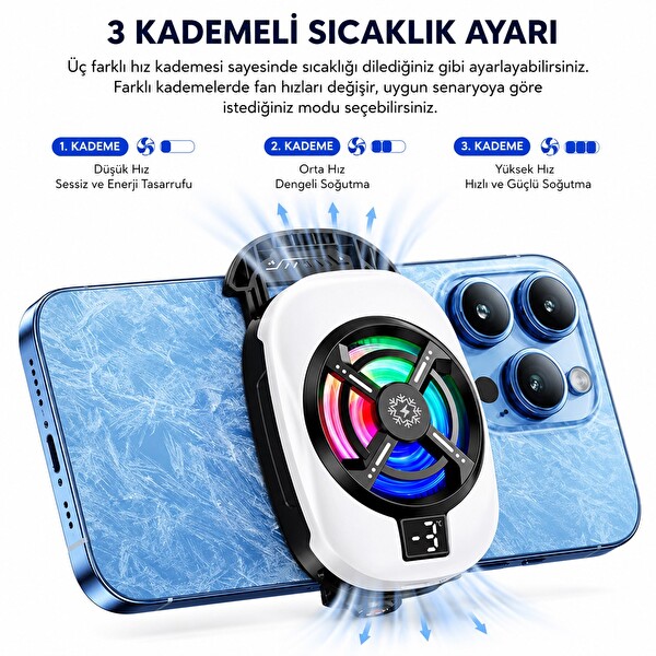 Hadron TL16 Manyetik Telefon Soğutucu Fan RGB Isı Göstergeli Beyaz