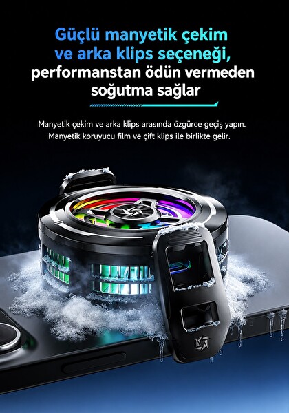 Hadron SL70 Manyetik Klipsli Telefon Soğutucu Fan RGB Isı Göstergeli Siyah