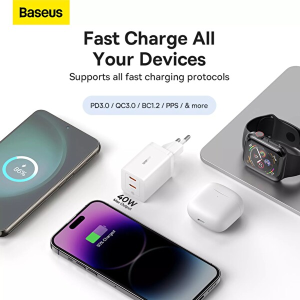 Baseus GaN5 Pro 40 W Beyaz Hızlı Şarj Adaptörü