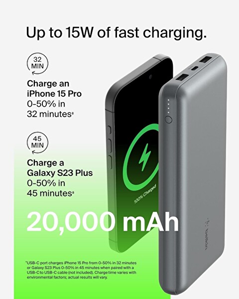 Belkin BPB012BTGY USB C 20000mAh 15W Uzay Grisi Taşınabilir Şarj Cihazı