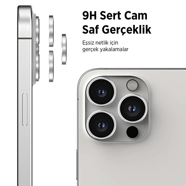 Bix iPhone 15- 15 Pro Max Safir Lens Koruyucu 3D Kamera Camı 9H Premium Lens Kapağı Beyaz Titanyum