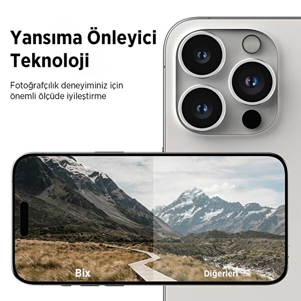 Bix iPhone 15- 15 Pro Max Safir Lens Koruyucu 3D Kamera Camı 9H Premium Lens Kapağı Beyaz Titanyum