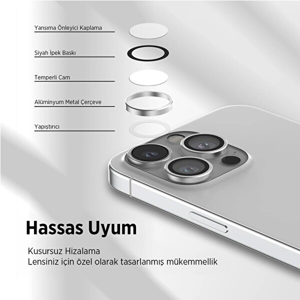 Bix iPhone 15- 15 Pro Max Safir Lens Koruyucu 3D Kamera Camı 9H Premium Lens Kapağı Beyaz Titanyum