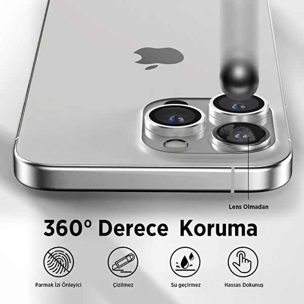 Bix iPhone 15- 15 Pro Max Safir Lens Koruyucu 3D Kamera Camı 9H Premium Lens Kapağı Beyaz Titanyum