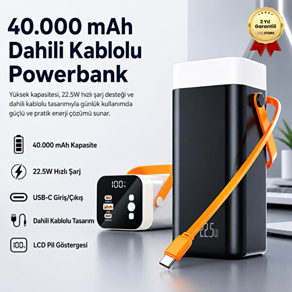 Hzl Store 40.000mAh Dahili Kablolu 22.5W Hızlı Şarj USB-C Giriş-Çıkışlı Led Göstergeli Taşınabilir Powerbank