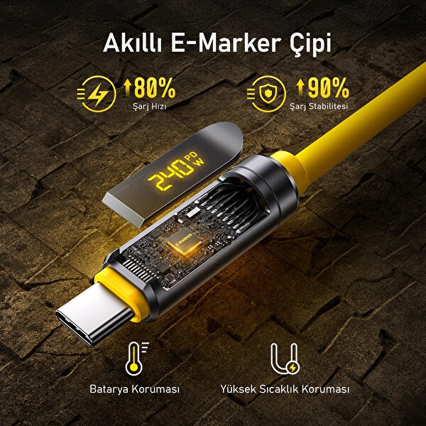 Aohi The Future Adonis USB 4.2 Type-C to Type-C LED Ekranlı 1 M PD 3.1 120 Gbps 240W 8K Süper Hızlı Sarı Şarj Data Kablosu