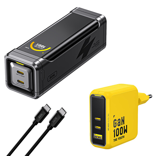 Aohi The Black Warrior 10.000 mAh 65W Powerbank Youth 100W 3 Portlu GaN Şarj Adaptörü Seti