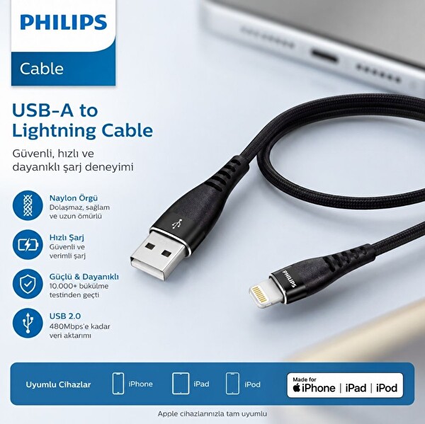 Philips Apple MFI Lisanslı iPhone 11 Pro Max USB-A - Lightning 1.2 Metre Siyah Hızlı Data ve Şarj Kablosu