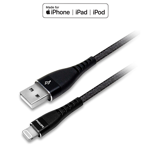 Philips Apple MFI Lisanslı iPhone 11 Pro Max USB-A - Lightning 1.2 Metre Siyah Hızlı Data ve Şarj Kablosu
