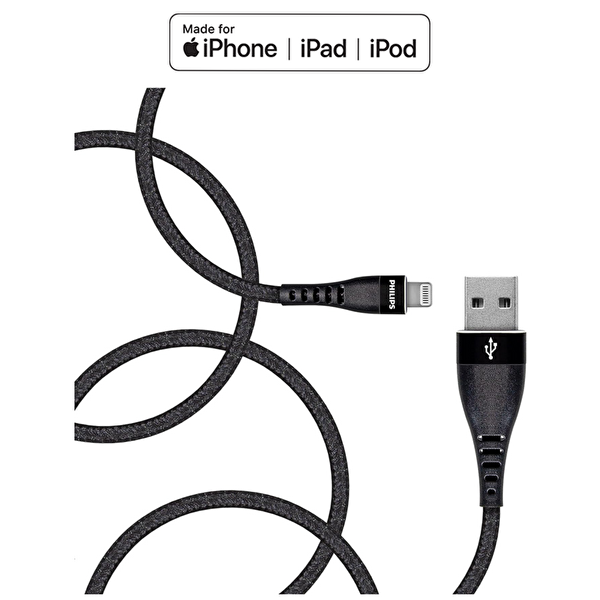 Philips Apple MFI Lisanslı iPhone 11 Pro Max USB-A - Lightning 1.2 Metre Siyah Hızlı Data ve Şarj Kablosu