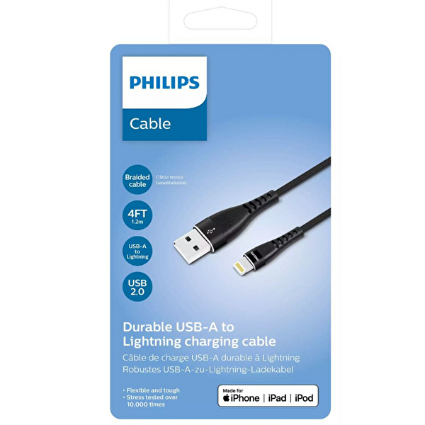 Philips Apple MFI Lisanslı iPhone 11 Pro Max USB-A - Lightning 1.2 Metre Siyah Hızlı Data ve Şarj Kablosu