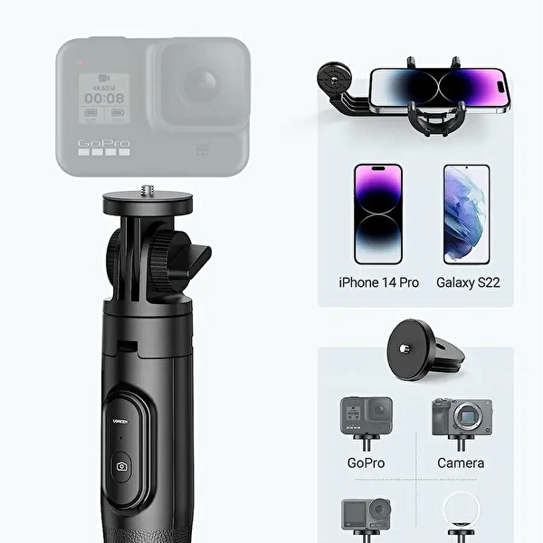 Ugreen 90690 LP586 2'si 1 arada Kompakt Bluetooth Kumandalı Siyah 160 CM Selfie Çubuğu Tripod
