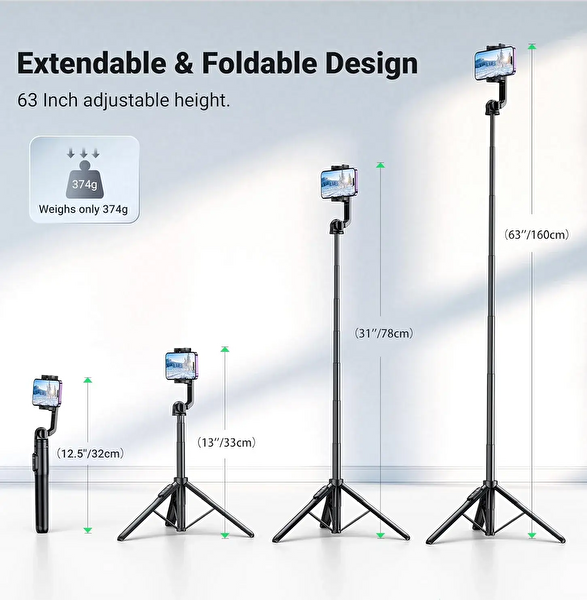 Ugreen 90690 LP586 2'si 1 arada Kompakt Bluetooth Kumandalı Siyah 160 CM Selfie Çubuğu Tripod