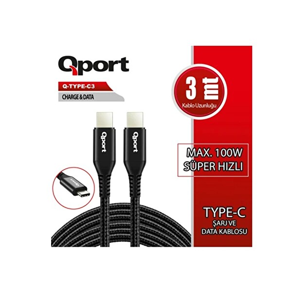 Qport Q-TYPE-C3 3 M TYPE-C 100W PD Şarj ve Data Kablosu