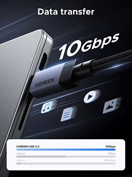 Ugreen 35767 L701 240W 5A USB-C to USB-C 4K/60Hz 10GB/s Gen2 1 M Tam Fonksiyonlu Veri Kablosu