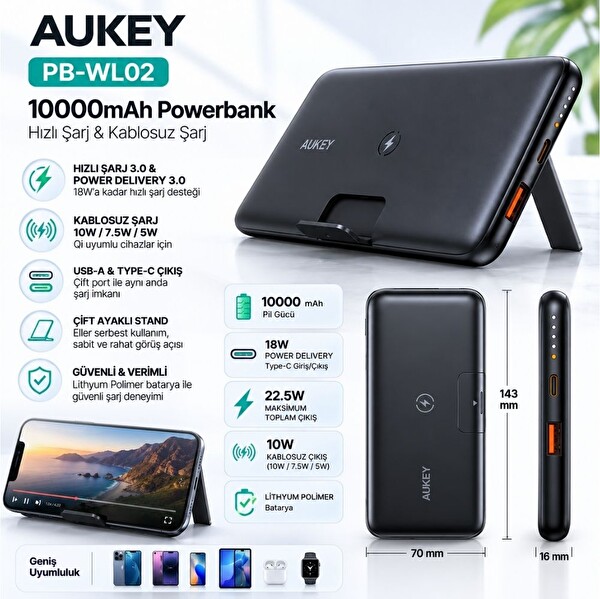 Aukey PB-WL02 USB-A - Type-C Çıkışlı Wireless Kablosuz Şarj 10000mAh Siyah Powerbank