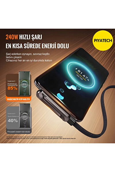 Piyatec 240W Hızlı Şarj Kablosu 90 Derece Dirsek Tasarımlı Entegre Katlanabilir Telefon Standlı