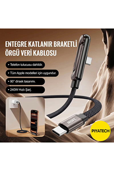 Piyatec 240W Hızlı Şarj Kablosu 90 Derece Dirsek Tasarımlı Entegre Katlanabilir Telefon Standlı