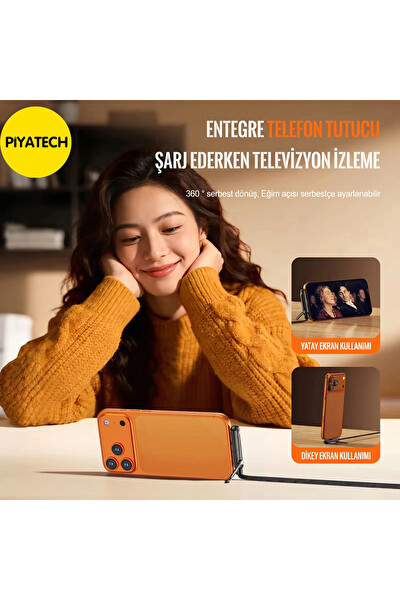 Piyatec 240W Hızlı Şarj Kablosu 90 Derece Dirsek Tasarımlı Entegre Katlanabilir Telefon Standlı