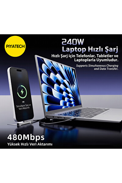 Piyatec 240W Hızlı Şarj Kablosu 90 Derece Dirsek Tasarımlı Entegre Katlanabilir Telefon Standlı