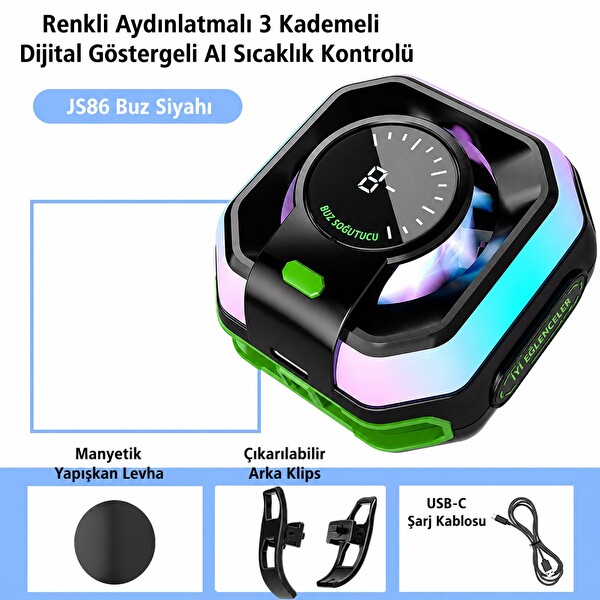 Hadron JS86 Manyetik RGB Isı Göstergeli Siyah Telefon Soğutucu Fan