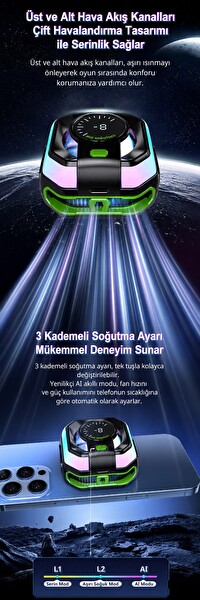 Hadron JS86 Manyetik RGB Isı Göstergeli Siyah Telefon Soğutucu Fan