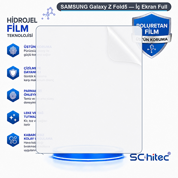 ScHitec Samsung Galaxy Z Fold5 Uyumlu İç Ekran Full Şeffaf Nano Hidrojel Ekran Koruyucu