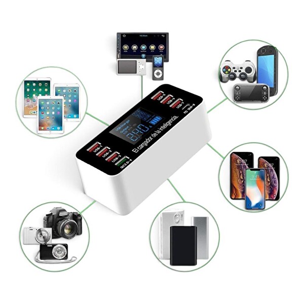 Powermaster PM-26057 8 Portlu LCD Ekranlı Akıllı 7xUSB ve Type-C PD Şarj İstasyonu