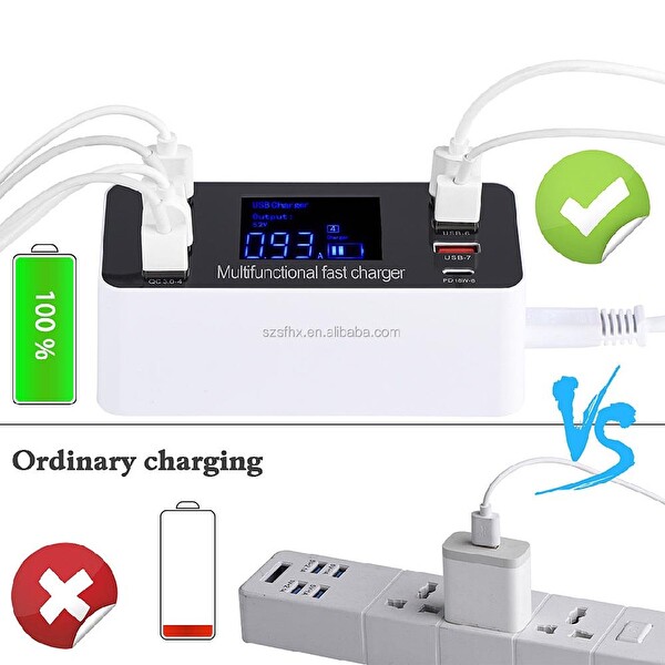 Powermaster PM-26057 8 Portlu LCD Ekranlı Akıllı 7xUSB ve Type-C PD Şarj İstasyonu