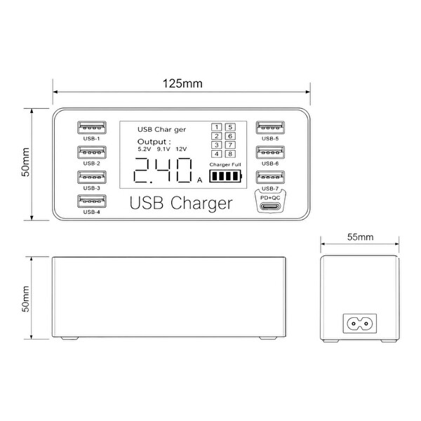 Powermaster PM-26057 8 Portlu LCD Ekranlı Akıllı 7xUSB ve Type-C PD Şarj İstasyonu