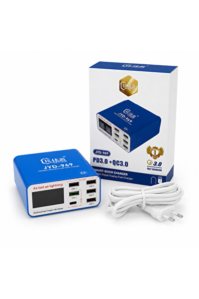 Piyatech JYD-969 40W PD 3.0 - QC 3.0 Destekli 6 Portlu Dijital Ekranlı USB Hızlı Şarj Cihazı