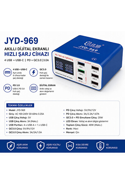 Piyatech JYD-969 40W PD 3.0 - QC 3.0 Destekli 6 Portlu Dijital Ekranlı USB Hızlı Şarj Cihazı