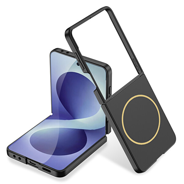 GKK Galaxy Z Flip 8 Kılıf Kablosuz Şarj Özellikli Zore Kıpta M-Safe Telefon Kılıfı Siyah