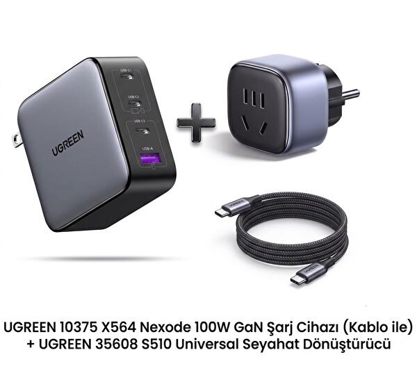 Ugreen 10375 X564 Nexode 100W GaN Hızlı Duvar Şarj Cihazı USB-C Kablolu 4 Portlu