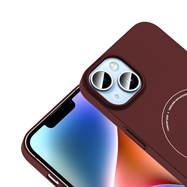 Başkenttekno iPhone 14 Kılıf M-Safe Şarj Özellikli Kamera Korumalı Premium Elio Sert PC Kapak Bordo